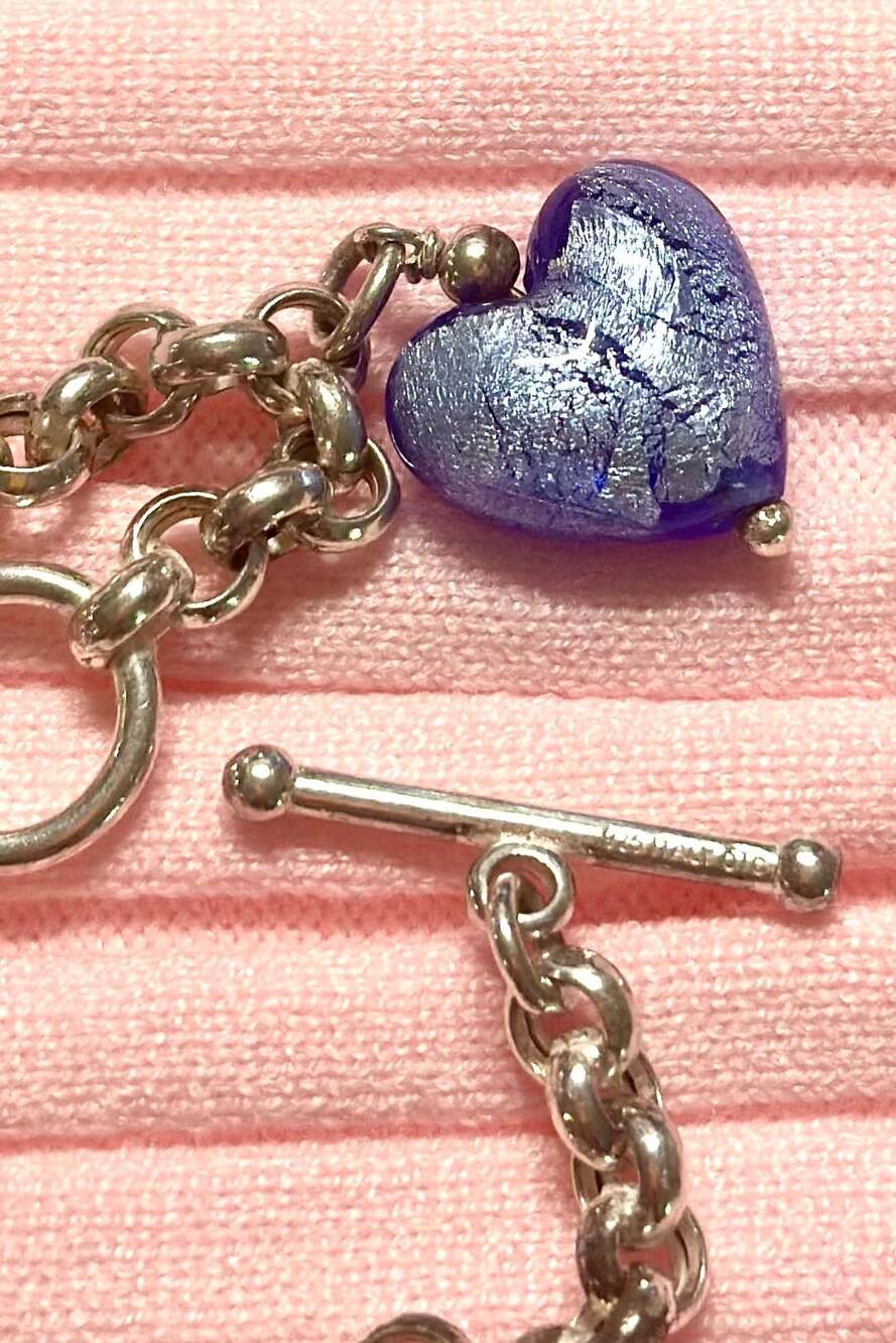 925 Sterling Silver Rolo Chain Link Bracelet w/ Heart Glass Charm 8in ITALY VTG